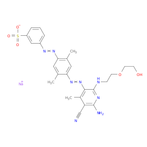 苯磺酸,3-[2-[4-[2-[6-氨基-5-氰基-2-[2-(2-羟基乙氧基)乙基]氨基]-4-甲基-3-吡啶基]二亚苯基]-2,5-二甲基苯基]二亚苯基]-,钠盐(1：1)