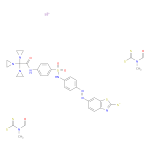 Antimony,bis(formylmethyldithiocarbamato)[2,2,2-tris(1-aziridinyl)-4'-[[p-[(2-mercapto-6-benzothiazolyl)azo]phenyl]sulfamoyl]acetanilidato]-(8CI)