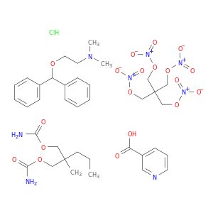 2-benzhydryloxy-N,N-dimethyl-ethanamine; [2-(carbamoyloxymethyl)-2-methyl-pentyl] carbamate; [3-nitrooxy-2,2-bis(nitrooxymethyl)propyl] nitrate; pyridine-3-carboxylic acid; hydrochloride