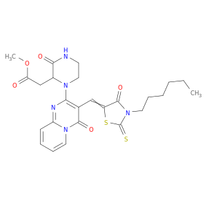 METHYL 2-[1-[9-[(3-HEXYL-4-OXO-2-SULFANYLIDENE-THIAZOLIDIN-5-YLIDENE)METHYL]-10-OXO-1,7-DIAZABICYCLO[4.4.0]DECA-2,4,6,8-TETRAEN-8-YL]-3-OXO-PIPERAZIN-2-YL]ACETATE