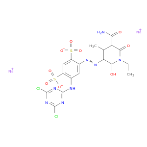 1,3-苯二硫酸,4-[2-[5-(氨基羰基)-1-乙基-2-羟基-4-甲基-6-氧代-3-哌啶基]二亚苄基]-6-[(4,6-二氯-1,3,5-三嗪-2-基)氨基]-,钠盐(1：2)